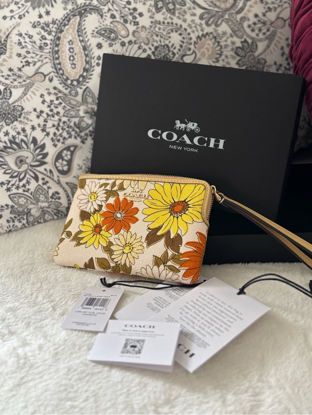 Coach Floral Canvas Wristlet in Yellow, Orange & Cream